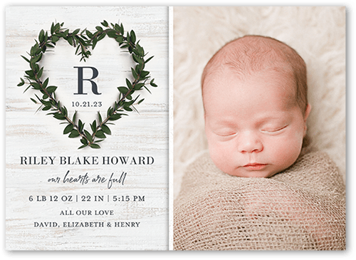 Wreathed Heart Birth Announcement, White, 5x7 Flat, 100% Recycled Cardstock , Square
