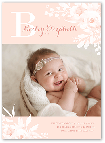 Rustic Monogram Birth Announcement, Pink, 5x7, Pearl Shimmer Cardstock, Square