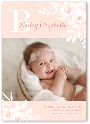 Rustic Monogram Birth Announcement, Pink, 5x7 Flat, 100% Recycled Cardstock , Square