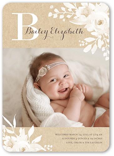 Rustic Monogram Birth Announcement, Beige, 5x7, Pearl Shimmer Cardstock, Rounded