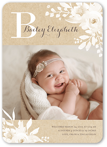 Rustic Monogram Birth Announcement, Beige, 5x7 Flat, Standard Smooth Cardstock, Rounded