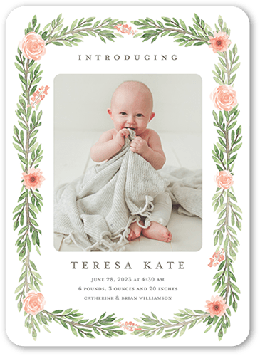 Floral Garland Birth Announcement, Orange, 5x7 Flat, 100% Recycled Cardstock , Rounded