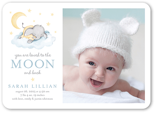 Elephant Slumber Birth Announcement, Blue, 5x7 Flat, Pearl Shimmer Cardstock, Rounded