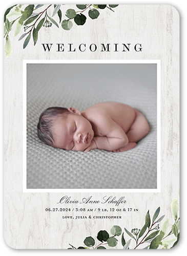 Soft Greenery Birth Announcement, Gray, 5x7 Flat, Matte, Signature Smooth Cardstock, Rounded