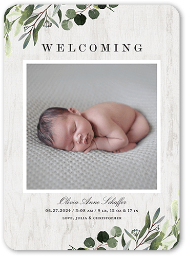 Soft Greenery Birth Announcement, Gray, 5x7 Flat, Pearl Shimmer Cardstock, Rounded