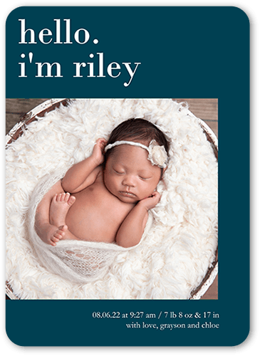 Hello I Am Birth Announcement, none, Blue, 5x7 Flat, Pearl Shimmer Cardstock, Rounded