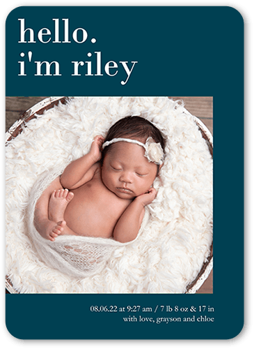 Hello I Am Birth Announcement, none, Blue, 5x7 Flat, 100% Recycled Cardstock , Rounded
