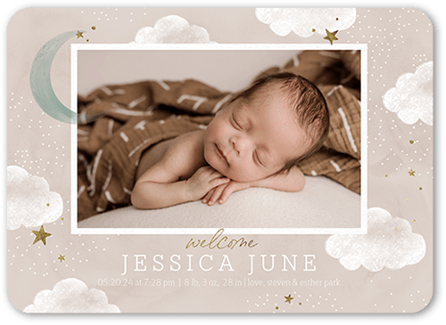 Tranquil Moon Birth Announcement, Beige, 5x7 Flat, 100% Recycled Cardstock , Rounded