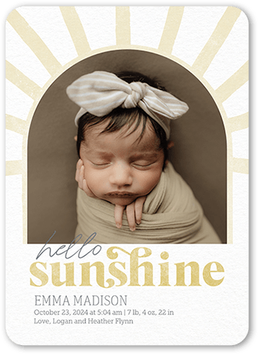 Sunny Rays Birth Announcement, Beige, 5x7 Flat, Pearl Shimmer Cardstock, Rounded