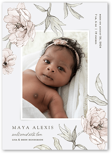 Drawn Botanicals Birth Announcement, Grey, 5x7 Flat, Standard Smooth Cardstock, Square