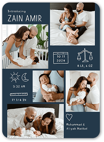 Sweet Stats Birth Announcement, Black, 5x7 Flat, Pearl Shimmer Cardstock, Rounded