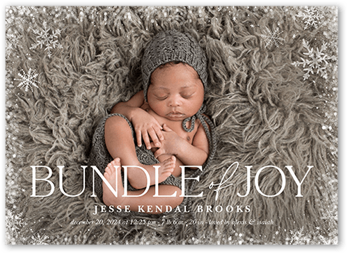 Bundled Joy Birth Announcement, White, 5x7 Flat, Pearl Shimmer Cardstock, Square