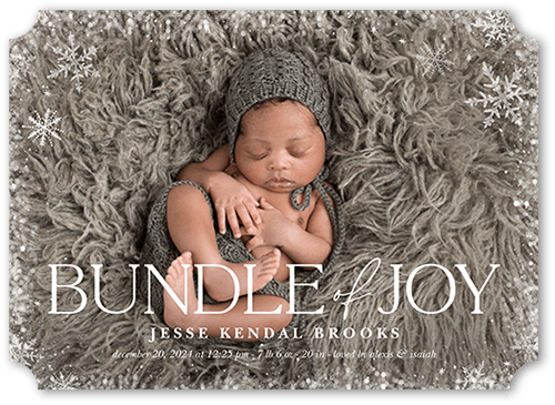Bundled Joy Birth Announcement, White, 5x7 Flat, Pearl Shimmer Cardstock, Ticket
