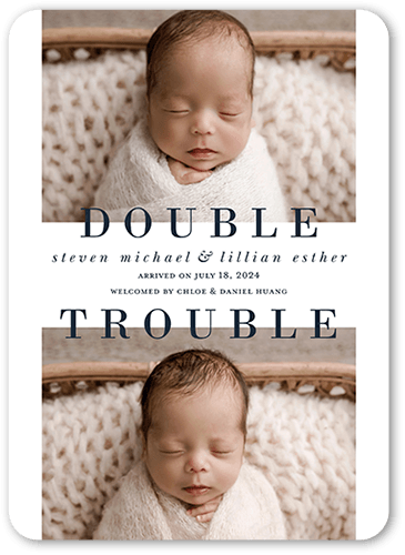 Double Trouble Birth Announcement, White, 5x7 Flat, Pearl Shimmer Cardstock, Rounded