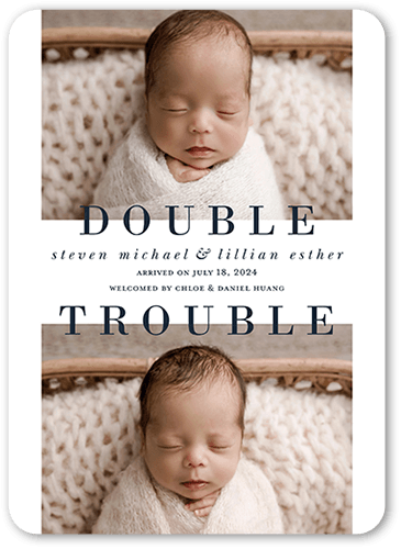 Double Trouble Birth Announcement, White, 5x7 Flat, 100% Recycled Cardstock , Rounded