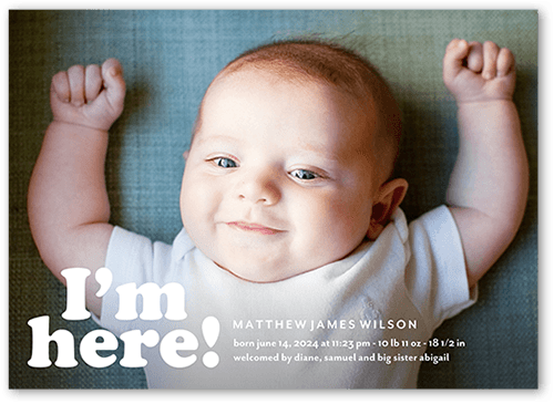 Excited Arrival Birth Announcement, White, 5x7 Flat, Pearl Shimmer Cardstock, Square