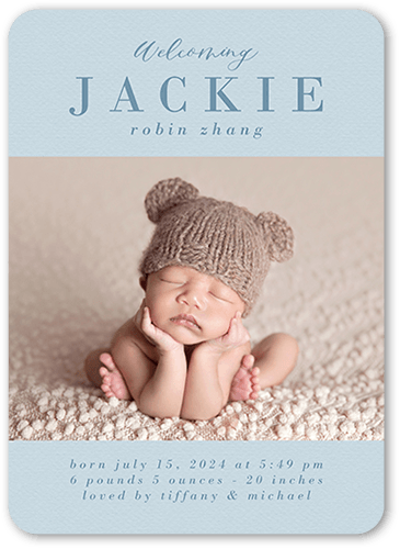 Pastel Welcome Birth Announcement, Blue, 5x7 Flat, 100% Recycled Cardstock , Rounded