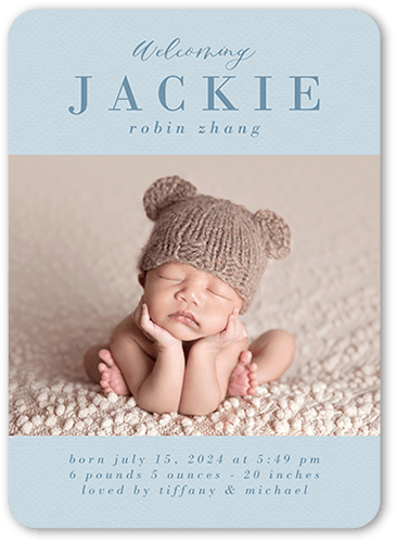 Pastel Welcome Birth Announcement, Blue, 5x7 Flat, 100% Recycled Cardstock ?, Rounded