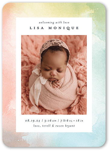 Watercolor Welcome Birth Announcement, White, 5x7 Flat, Matte, Signature Smooth Cardstock, Rounded, White