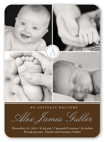 Script Baby Blue Birth Announcement, Brown, Standard Smooth Cardstock, Rounded