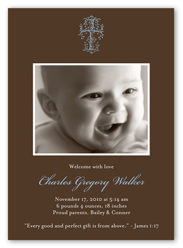 Blessed Cross Blue Birth Announcement, Brown, Pearl Shimmer Cardstock, Square