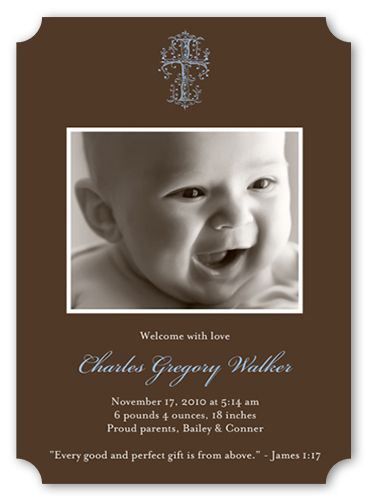 Blessed Cross Blue Birth Announcement, Brown, 100% Recycled Cardstock , Ticket
