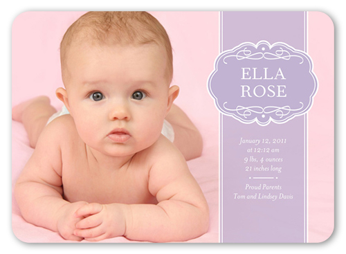 Lavender Ribbon Birth Announcement, Purple, Pearl Shimmer Cardstock, Rounded