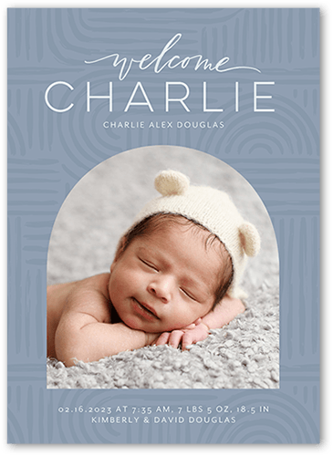 Patterned Arch Birth Announcement, Blue, 5x7 Flat, Luxe Double-Thick Cardstock, Square