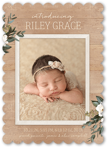 Framed Rustic Birth Announcement, Beige, 5x7 Flat, Pearl Shimmer Cardstock, Scallop