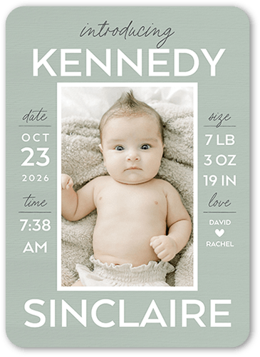 Stacked Stats Birth Announcement, Green, 5x7 Flat, 100% Recycled Cardstock , Rounded