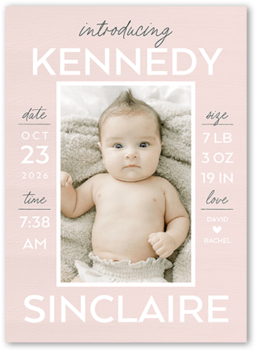 Stacked Stats Birth Announcement, Pink, 5x7 Flat, Luxe Double-Thick Cardstock, Square, Blush