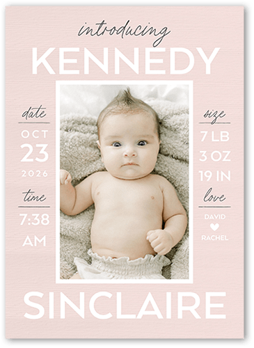 Stacked Stats Birth Announcement, Pink, 5x7 Flat, Luxe Double-Thick Cardstock, Square