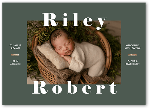 Big Proud Name Birth Announcement, Green, 5x7 Flat, Write Your Own, Luxe Double-Thick Cardstock, Square, Fern