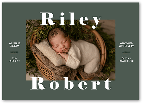 Big Proud Name Birth Announcement, Green, 5x7 Flat, Write Your Own, 100% Recycled Cardstock ?, Square