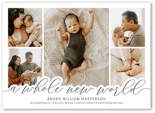 All New World Birth Announcement, White, 5x7 Flat, Pearl Shimmer Cardstock, Square