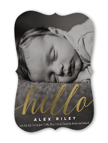 Glowing Greeting Birth Announcement, Gold Foil, White, 5x7, Pearl Shimmer Cardstock, Bracket