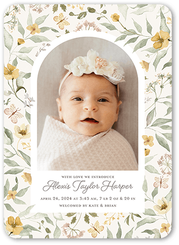 Buttercup Dreams Birth Announcement, White, 5x7 Flat, Standard Smooth Cardstock, Rounded