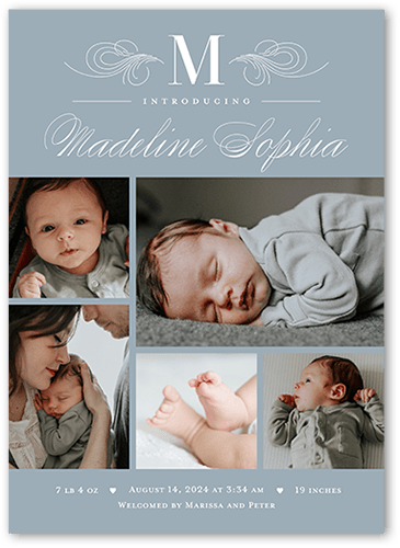 Elegant Character Birth Announcement, Grey, 5x7 Flat, Matte, Signature Smooth Cardstock, Square