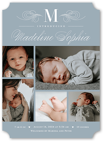 Elegant Character Birth Announcement, Grey, 5x7, Pearl Shimmer Cardstock, Ticket
