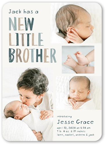 New Little Sibling Birth Announcement, Grey, 5x7 Flat, Pearl Shimmer Cardstock, Rounded