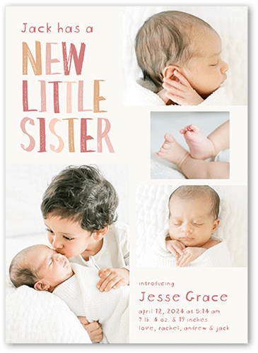 New Little Sibling Birth Announcement, Pink, 5x7 Flat, Luxe Double-Thick Cardstock, Square
