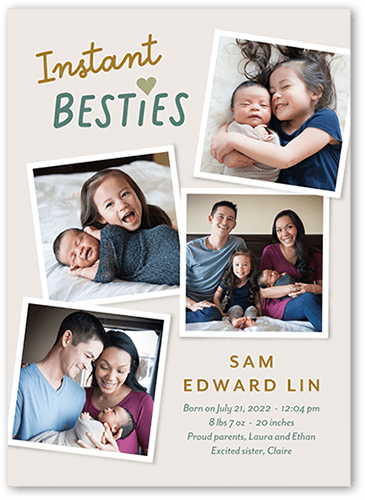 Instant Besties Birth Announcement, Grey, 5x7 Flat, Matte, Signature Smooth Cardstock, Square