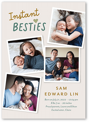 Instant Besties Birth Announcement, Grey, 5x7 Flat, 100% Recycled Cardstock ?, Square