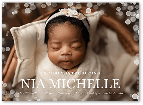 Gentle Bokeh Birth Announcement, White, 5x7 Flat, Write Your Own, Pearl Shimmer Cardstock, Square, White
