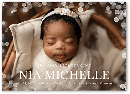 Gentle Bokeh Birth Announcement, White, 5x7 Flat, Write Your Own Greeting, Luxe Double-Thick Cardstock, Square