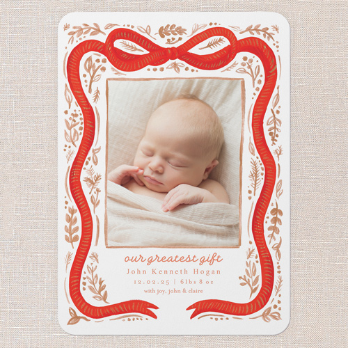 Ribbon Enveloped Birth Announcement, Red, 5x7 Flat, Matte, Signature Smooth Cardstock, Rounded, Tomato