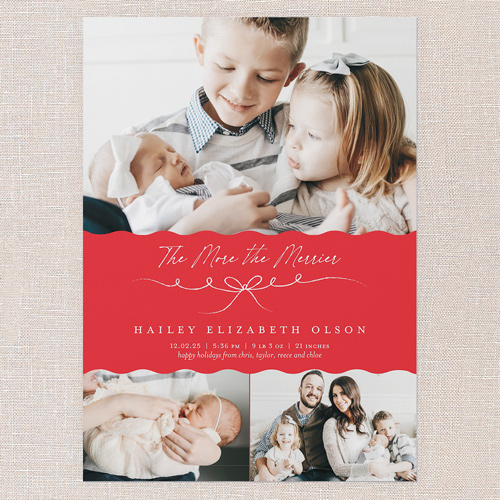 Merrier Wishes Birth Announcement, Red, 5x7 Flat, 100% Recycled Cardstock , Square, Tomato