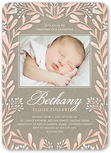 Rustic Frame Girl Baptism Invitation, Pink, Standard Smooth Cardstock, Rounded