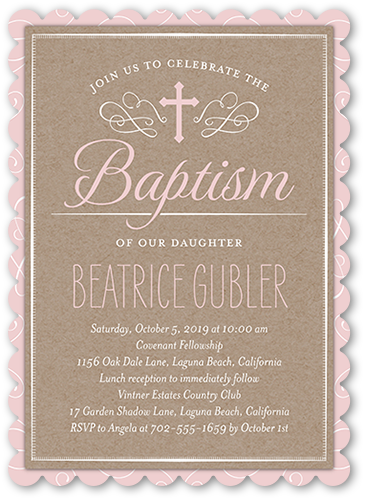 Bordered Christening Girl Baptism Invitation, Pink, Pearl Shimmer Cardstock, Scallop