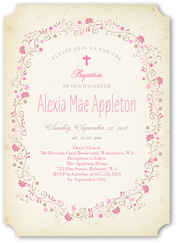 Circled In Flowers Baptism Invitation, Pink, Pearl Shimmer Cardstock, Ticket